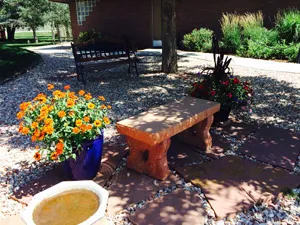 Garden bench and flowers outside the clinic